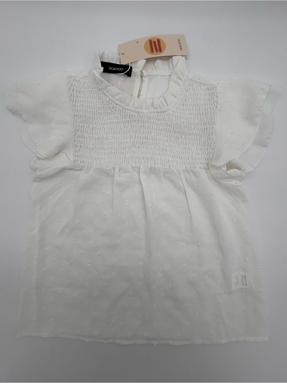 Dokotoo Girls White Smocked Ruffle Neck Top Size 8Y-9Y (L)